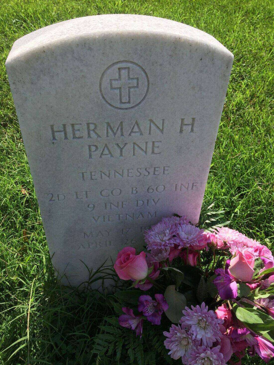 Herman H. Payne's memorial marker at his gravesite, with flowers